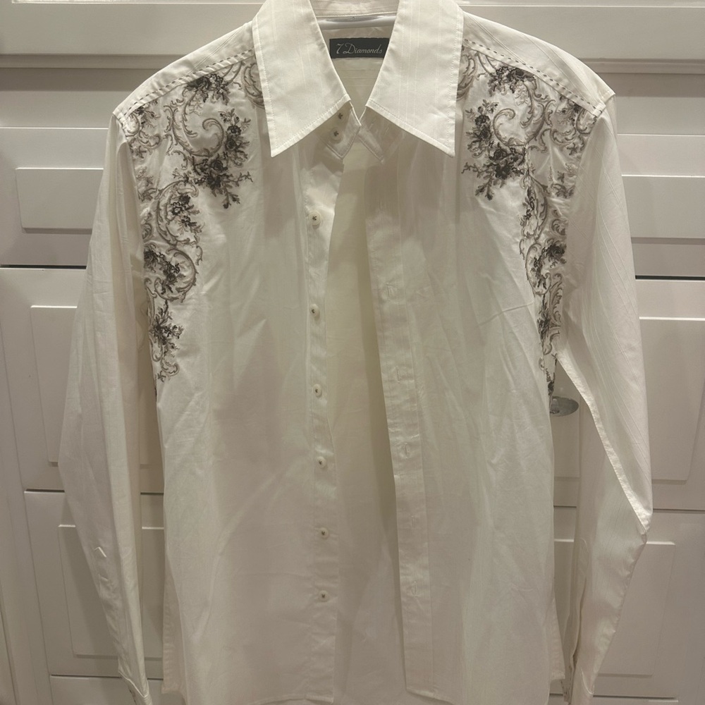 7 Diamonds Embroidered Button Down Shirt Cream Small Long Sleeve Men’s